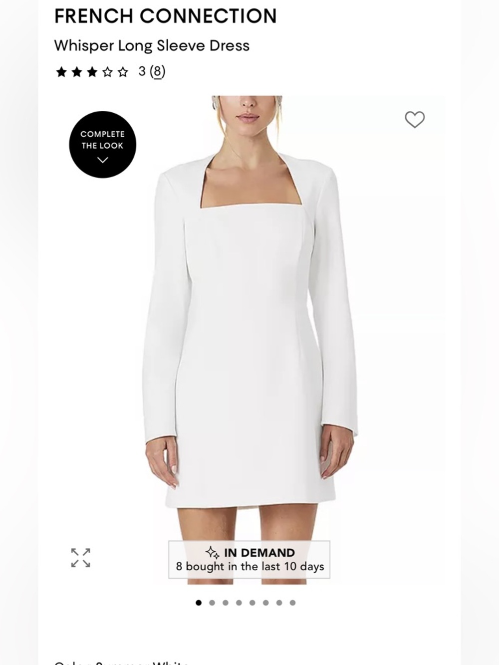 French Connection White Square-Neck Long-Sleeve Mini Dress- size 8